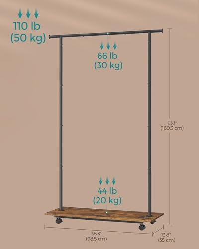 SONGMICS Clothes Rack with Wheels, Metal Garment Rack with Shelf