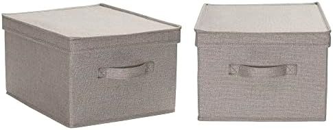 Household Essentials Large Square Storage Box with Lid with Breathable Poly‑Cotton Canvas and Reinforced Sides, Gray Finish, Set of 2