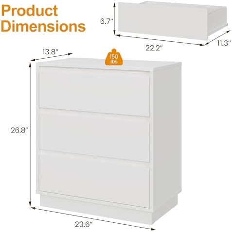 RoyalCraft White Nightstand with 3 Drawers Storage, Large Bedside Table