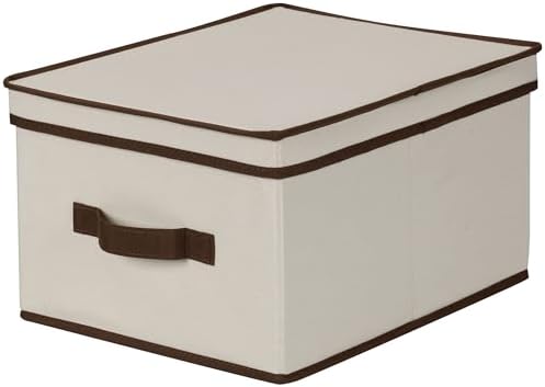 Household Essentials 513 Storage Box with Lid and Handle - Natural Beige Canvas with Brown Trim - Large