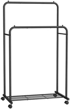 SONGMICS Double Rods Clothes Rack with Wheels, Clothing Rack for Hanging Clothes, Heavy Duty Garment Rack with Mesh Storage Shelf, 2 Brakes, Each Top Rail Holds up to 77 lb, Black UHSR26BKV1