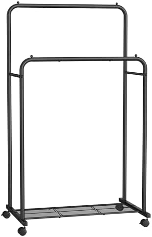 SONGMICS Double Rods Clothes Rack with Wheels, Clothing Rack for Hanging Clothes, Heavy Duty Garment Rack with Mesh Storage Shelf, 2 Brakes, Each Top Rail Holds up to 77 lb, Black UHSR26BKV1