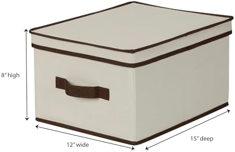 Household Essentials 513 Storage Box with Lid and Handle - Natural Beige Canvas with Brown Trim - Large