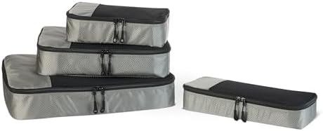 Amazon Essentials 4-Piece Packing Cubes Travel Accessories Set, Space-Saving Luggage Organizer with Double Zipper, Mesh Top Panel, Small/Medium/Large/Slim, Gray (Previously Amazon Basics)