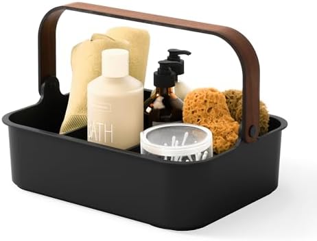 Umbra Bellwood Stackable Bin, 14" x 10" Durable Lightweight Container with Wooden Handle and Removable Dividers, Black/Walnut