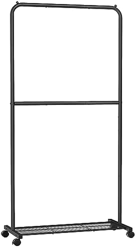 SONGMICS Clothes Rack with Wheels, Metal Garment Rack, Mesh Storage Shelf