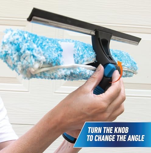 Unger Professional Connect and Clean 18” Proflex 2-in-1 Squeegee and Scrubber, High Access Window Cleaning Tool with Pivoting Head, Commercial and Residential Use, Reusable Microfiber Sleeve