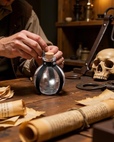 SUMGOGO Dark Magic Cork Potion Bottle Halloween Cosplay Ren Faire Witch Props Costume Accessories Round Potion Glass for Party DIY (Bottle-Black)