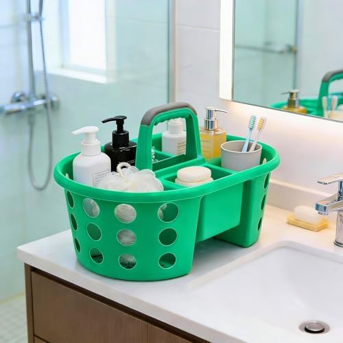 SIMPLYKLEEN Large Shower Caddy Portable 2PC - Made in USA Plastic Jumbo Size Dorm Storage Candy Tote with Handle Shower Organizer for Bathroom, Pantry, Kitchen, College Dorm, Green/Red