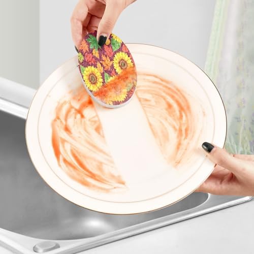Autumn Leaves Sunflowers Dish Scrub Sponges Kitchen Fall Maple Leaves Non Scratch Reusable Compressed Cellulose Sponge Hanging for Household Cleaning Washing Dishes Pots and Pans 3 Pack - Image 6