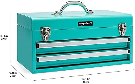 Amazon Basics Metal Tool Box with Drawers, Storage and Organization Tool Chest, Powder Coat Finish, 18.1 x 8.7 x 9.5 in, Turquoise