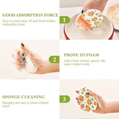 Pumpkin Swirls Leaves Dish Scrub Sponges Kitchen Fall Non Scratch Reusable Compressed Cellulose Sponge Hanging for Household Cleaning Washing Dishes Pots and Pans 3 Pack - Image 4