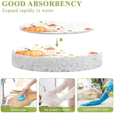 YETTASBIN Thanksgiving Pumpkin 3PCS Wood Pulp Scrub Sponges, Reusable Absorbent Household Cleaning Sponge Non-Scratch Kitchen Dish Sponges, Multi-Surface Safe Scrubber for Nonstick Pans, Pots - Image 3