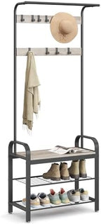 VASAGLE Coat Rack, Hall Tree with Shoe Bench, 4-in-1, 9 Removable Hooks