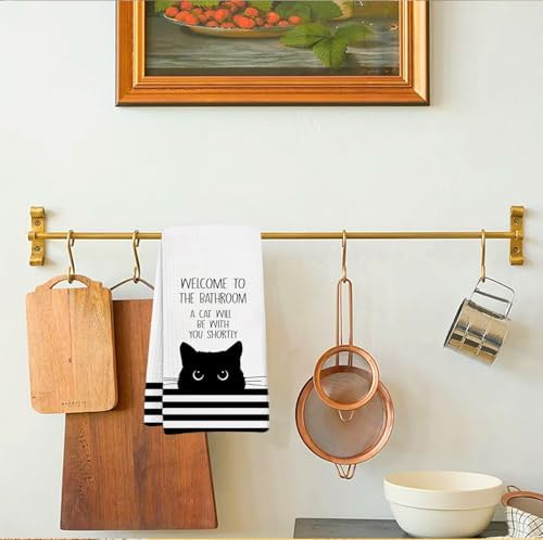 Black Cat Decor Cat Bathroom Washroom Hand Towels, Funny Sign for Bathrooms,Cats Gifts for Women, Cute White Dish Towels,Welcome to the Bathroom a Cat Will Be with You Shortly 16x24 - Image 5
