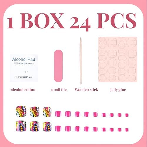 24PCS Hot Pink Press on Toenails Short Square Fake Toenails Summer False Toe Nails with Colorful Flower Design Glue on Toenail Artificial Beach Flower Full Cover Toenail Acrylic Toenails for Women - Image 3