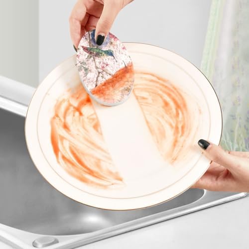Dish Sponge 3Pcs Kitchen Sponges Non-Scratch Soft Expandable Washing Dishes Stain Odor Resistant Cellulose Sponges Packs for Dish Bathroom Household Watercolor Hummingbirds Hydrangeas - Image 5