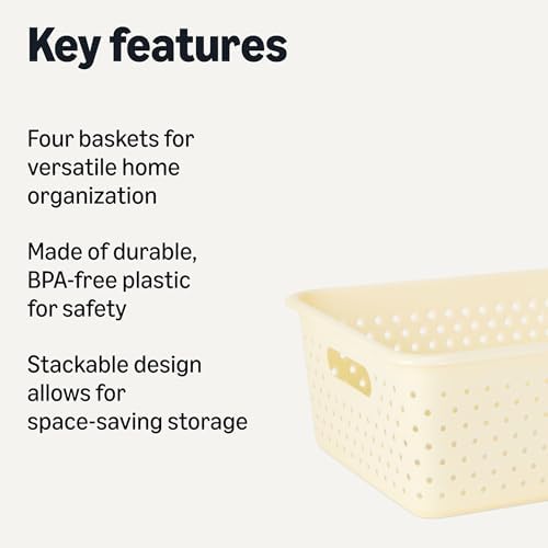 Amazon Basics Decorative BPA-Free Plastic Storage Baskets, 13.66 x 11.34 x 5.39 inches, Ivory, 4-Pack