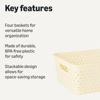 Amazon Basics Decorative BPA-Free Plastic Storage Baskets, 13.66 x 11.34 x 5.39 inches, Ivory, 4-Pack
