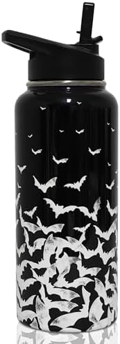 Insulated Halloween Water Bottle 32 oz, Bat Water Bottle with Straw, Reusable Leakproof Water Bottle Stainless Steel, Halloween Gifts for Women