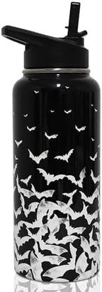 Insulated Halloween Water Bottle 32 oz, Bat Water Bottle with Straw, Reusable Leakproof Water Bottle Stainless Steel, Halloween Gifts for Women