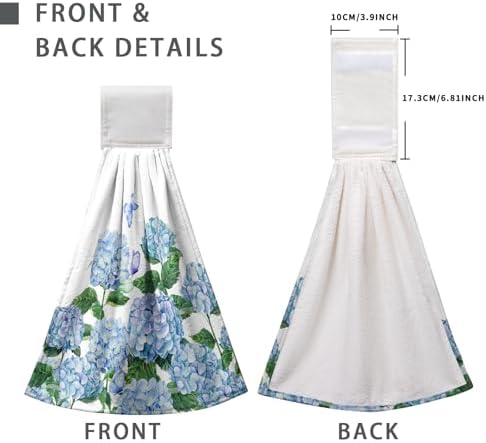 Hydrangea Spring Hanging Kitchen Towels Blue Floral Hand Towels with Hanging Loop Flowers Bathroom Hand Tea Towel Absorbent Dish Towel for Home Kitchen
