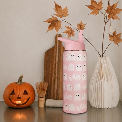Insulated Halloween Water Bottle 18 oz, Ghost Water Bottle with Straw, Reusable Leakproof Stainless Steel Tumbler, Halloween Gifts for Women