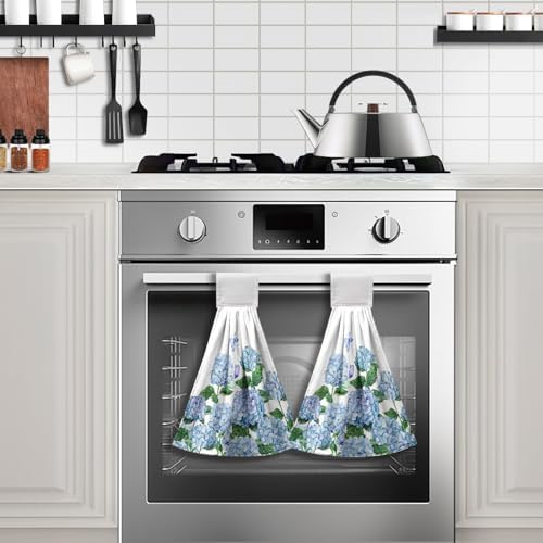 Hydrangea Spring Hanging Kitchen Towels Blue Floral Hand Towels with Hanging Loop Flowers Bathroom Hand Tea Towel Absorbent Dish Towel for Home Kitchen