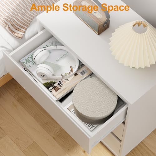 RoyalCraft White Nightstand with 3 Drawers Storage, Large Bedside Table