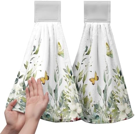 Sage Green Eucalyptus Hand Tie Towels Set of 2 Spring Summer Leaves Hanging Kitchen Towel 12 x 17 Inch Soft Absorbent Dish Towels with Hanging Loop for Kitchen Bathroom Hotel Gym