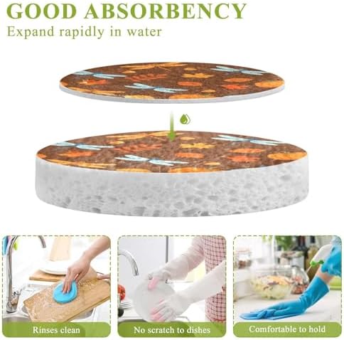 Autumn Leaves Dragonflies Pumpkins Dish Scrub Sponges Kitchen Non Scratch Reusable Compressed Cellulose Sponge Hanging for Household Cleaning Washing Dishes Pots and Pans 3 Pack - Image 3