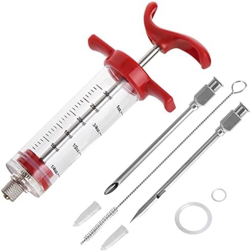 Premium Meat Injector, Marinade Injector Syringe with 2 Meat Needles for BBQ Grill Smoker, Turkey and Cooking 1-oz Capacity, 2 Stainless Needles, 1 Brush, Red by X-WLANG