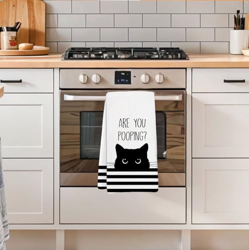 Black Cat Decor Cat Bathroom Washroom Hand Towels, are You Pooping Funny Bathroom Sign for Bathrooms,Cats Gifts for Women, Cute Cats Animals White Waffle Weave Microfiber Dish Towels, 16x24 - Image 3
