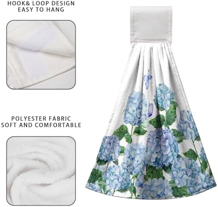 Hydrangea Spring Hanging Kitchen Towels Blue Floral Hand Towels with Hanging Loop Flowers Bathroom Hand Tea Towel Absorbent Dish Towel for Home Kitchen