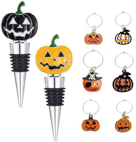 Halloween Wine Stopper With Wine Charms Set,2PCS Pumpkin Wine Bottle Stopper Reusable Wine Corks with Silicone Seal, Bottle Cover Leak proof Keep Fresh -Black/Yellow