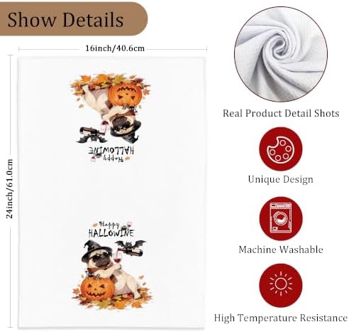 Funny Pug Halloween Pumpkin Kitchen Hand Towel, 16x24 in - Image 7
