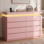 8 Drawer Dresser with LED Lights and Charging Station, Modern Pink Dresser