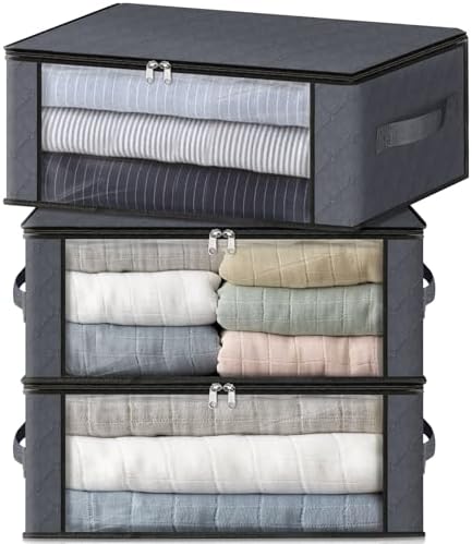 HomeHacks 3-Pack Clothes Organizer Storage Bags, 35L Storage Bins, Gray
