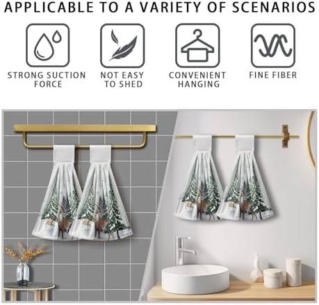 Winter Deer Hand Towels with Hanging Loop Pine Tree Snowflake Tie Towel 2Pcs Snow Hanging Kitchen Towels Decorative Tea Towel Soft Absorbent Washcloth for Home Bathroom Decor