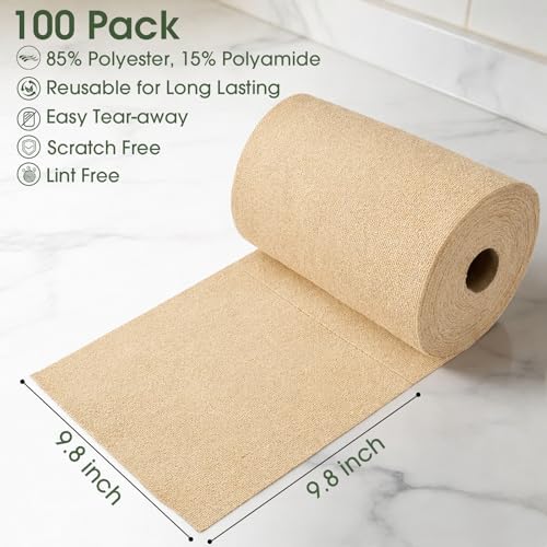 Reusable Microfiber Cleaning Cloth Roll - 100 Pack, 12"x12" Washable Tear-Away Paper Towels, Lint-Free & Streak-Free Rags for Kitchen, Glass, Cars, Electronics, Workshop and Garage(Wheat Beige)