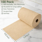 Reusable Microfiber Cleaning Cloth Roll - 100 Pack, 12"x12" Washable Tear-Away Paper Towels, Lint-Free & Streak-Free Rags for Kitchen, Glass, Cars, Electronics, Workshop and Garage(Wheat Beige)