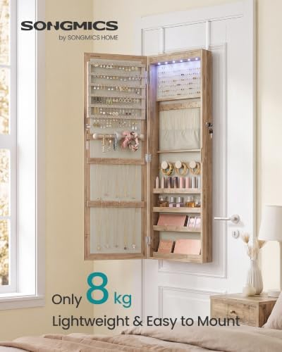 SONGMICS Jewelry Cabinet, Wall or Door Mounted Armoire, 6 LED Lights
