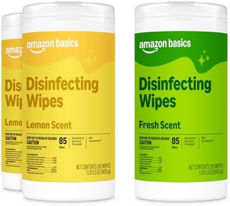 Amazon Basics Disinfecting Wipes, Lemon & Fresh Scent, Sanitizes, Cleans, Disinfects & Deodorizes, 255 Count (3 Packs of 85), Packaging May Vary