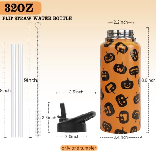 Insulated Halloween Water Bottle 32 oz, Pumpkin Water Bottle with Straw, Reusable Leakproof Stainless Steel Tumbler, Halloween Gifts for Women
