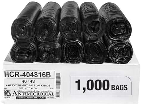 Aluf Plastics High Density Trash Bags, 45 Gallon, 1000 Count, 16 Micron (eq), 40" x 48", Black, for Bathroom, Office, Industrial, Commercial, Janitorial, Municipal, Recycling