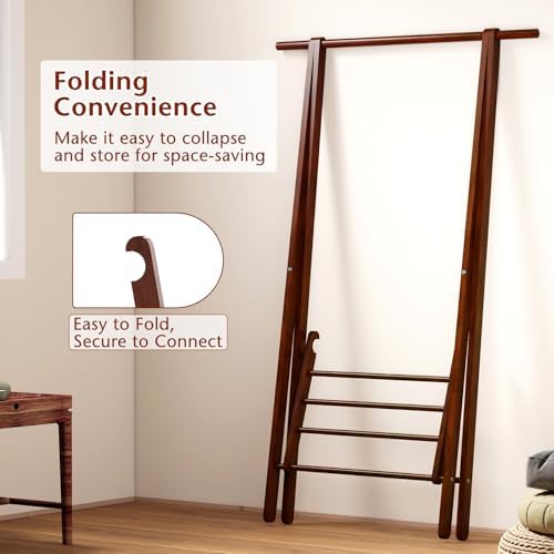 Tangkula Folding Rubber Wood Clothes Hanging Rack, Standing Garment Rack with Bottom Storage Shelf, Portable Clothing Organizer for Bedroom and Entryway (Walnut)