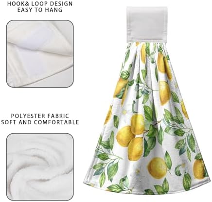 Spring Lemon Kitchen Hand Towels with Loop 2 Pcs Summer Leaves Yellow Lemons Hanging Dish Towels Soft Absorbent Tie Towel Dishcloths for Bathroom Kitchen Washroom 17 x 12 in