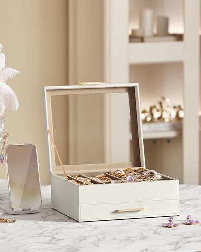 SONGMICS Jewelry Box Organizer, 2-Layer Storage with 1 Drawers, Glass Lid
