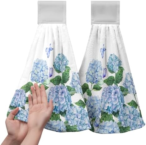 Hydrangea Spring Hanging Kitchen Towels Blue Floral Hand Towels with Hanging Loop Flowers Bathroom Hand Tea Towel Absorbent Dish Towel for Home Kitchen