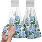 Hydrangea Spring Hanging Kitchen Towels Blue Floral Hand Towels with Hanging Loop Flowers Bathroom Hand Tea Towel Absorbent Dish Towel for Home Kitchen